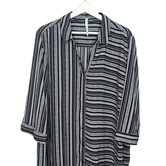 NY Collection Plus Size 3X Black White Striped Button Down Tunic Blouse Work - Picture 3 of 10